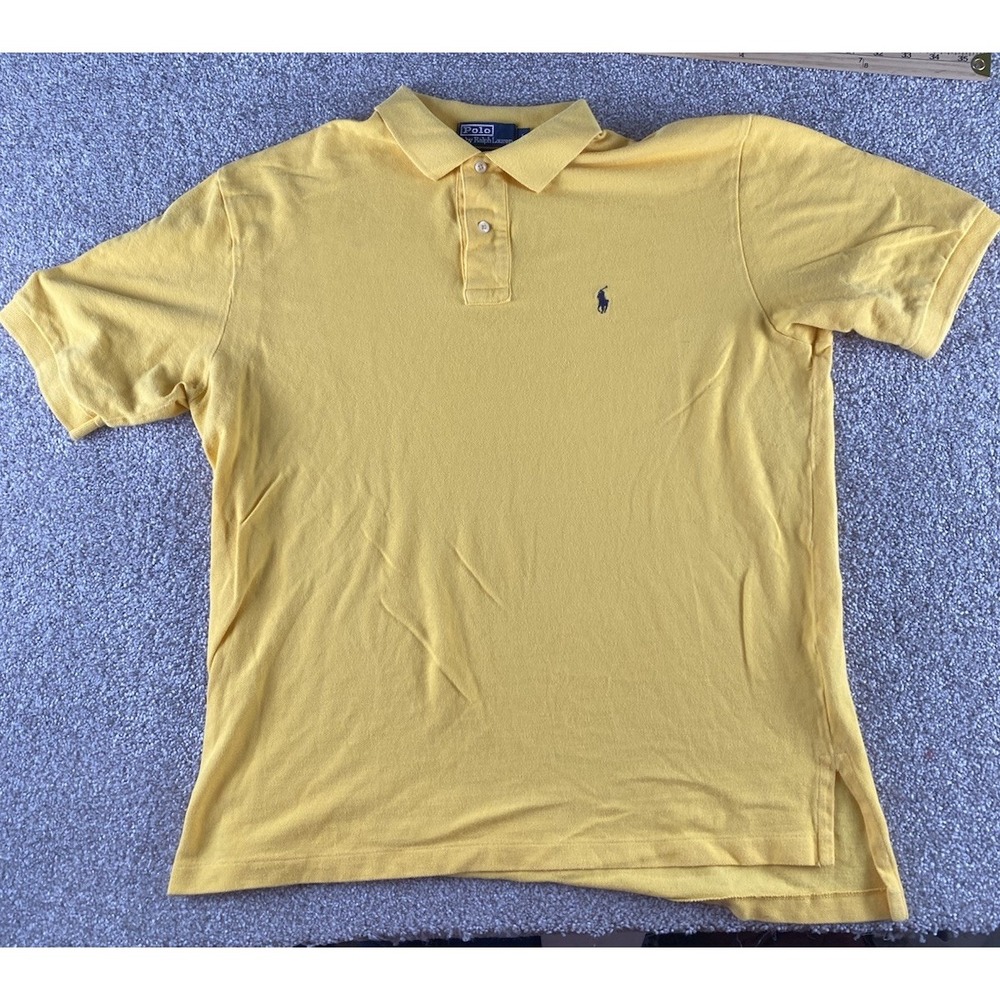 Polo Ralph Lauren Solid Yellow Polo Shirt Soft Cotton Mens L Blue Pony Preppy - Picture 3 of 7